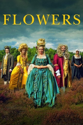 The poster features a group of elegantly dressed women in vibrant green, yellow, and red dresses standing in a field under a dramatic, cloudy sky. The central figure wears a striking teal gown, while others are in colorful period costumes. The mood is romantic and theatrical, with the word "FLOWE...