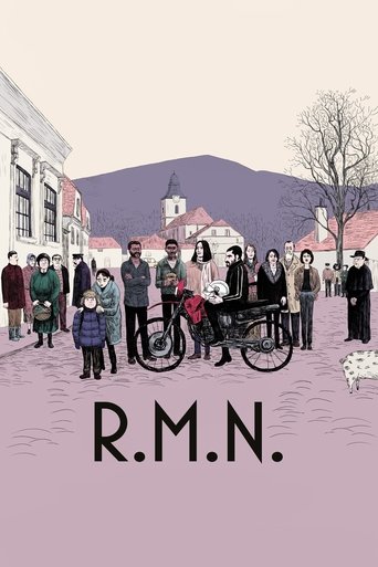The poster features a group of people gathered around a bicycle in a picturesque village setting, evoking a nostalgic and reflective mood. The muted color palette and soft pastel tones create a serene atmosphere, while the bold typography of "R.M.N." anchors the image with a sense of mystery and ...