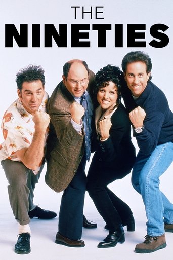The poster features four men in casual, energetic poses against a stark white background. The bold black text "THE NINETIES" dominates the top, emphasizing the show's retro 1990s theme. The vibrant colors and dynamic expressions convey a sense of fun, nostalgia, and camaraderie.