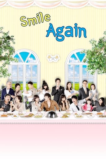 The poster features a cheerful group of people gathered around a long table, suggesting a family or close-knit group enjoying a meal together. The warm yellow background and soft pink accents create a cozy, inviting atmosphere. The title "Smile Again" is prominently displayed in playful blue lett...