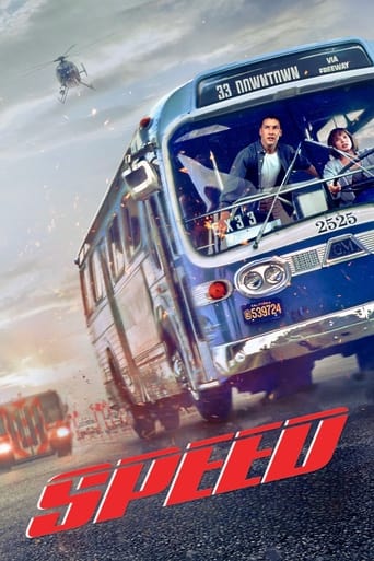 A thrilling blue bus speeds through a dusty, sunlit desert landscape, with a pilot and passenger in the foreground. The poster captures the adrenaline of speed with dynamic motion lines and a sense of urgency.