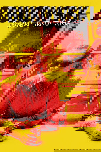 The poster features a man in a red shirt holding a can, set against a warm, yellow-toned background. The title "Bukowski: Born Into This" is prominently displayed in bold, black letters. The mood is gritty and nostalgic, evoking the atmosphere of a bustling city street.