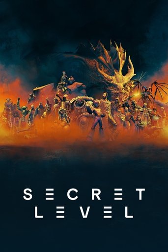 The poster depicts a dramatic scene with soldiers in fiery orange and red hues, battling against a backdrop of dark, stormy skies. A majestic, glowing stag-like creature looms in the sky, casting a mystical glow over the chaotic battlefield. The title "SECRET LEVEL" appears in bold, white letters...