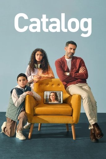 The poster features a family of four—mother, father, and two children—sitting on a bright yellow armchair against a soft blue backdrop. The warm tones of the clothing and furniture contrast with the cool background, creating a cozy yet modern atmosphere. The title "Catalog" is prominently display...