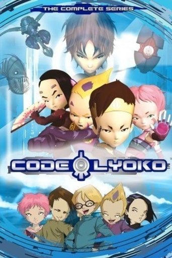 This vibrant anime poster features a dynamic group of characters from "Code Lyoko," set against a swirling blue and purple backdrop. The characters exude energy and mystery, with their expressive faces and colorful attire creating a lively atmosphere. The title "CODE LYOKO" is prominently display...