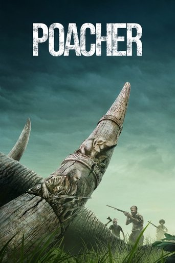 The poster features a dramatic, moody sky with a rugged, weathered log dominating the foreground. In the background, silhouetted figures stand against a pale, misty horizon, evoking a sense of danger and mystery. The title "POACHER" is boldly displayed in stark white letters, suggesting a thrilli...