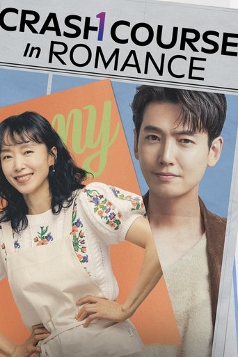 The poster features a vibrant orange background with two smiling individuals, one in a floral top and the other in a white shirt. The text "Crash Course in Romance" is prominently displayed at the top, conveying a playful and romantic tone.