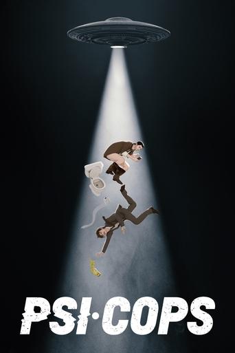 A surreal scene shows a woman and child falling through a spotlight against a dark background, with a UFO hovering above. The poster features bold white text at the bottom. The mood is mysterious and slightly eerie.
