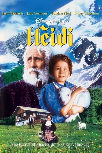 This poster features a serene pastoral scene with Heidi, a young girl, and her father, standing in a lush green valley. The warm colors of the dress and clothing evoke a cozy, nostalgic mood. The majestic mountains in the background add depth and a sense of adventure to the image.