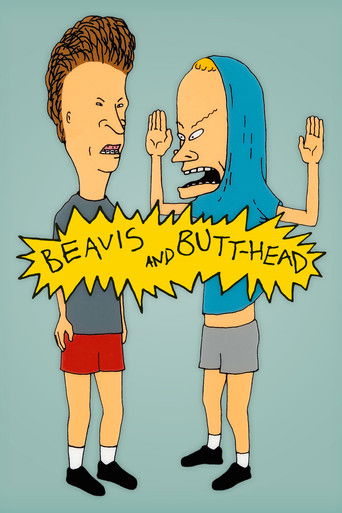 The poster features Beavis and Butt-Head in a comedic standoff, with Beavis in a gray shirt and red shorts, and Butt-Head in blue hair and gray shorts. The yellow speech bubble with the show's title adds a playful touch, while the light blue background creates a cheerful atmosphere.