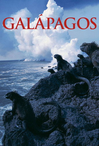 This TV poster features a dramatic scene of people on rocky cliffs overlooking the turquoise waters of Galapagos. The deep blue ocean contrasts with the vibrant red text of the title, creating a visually striking and evocative atmosphere that captures the essence of the region's unique wildlife a...