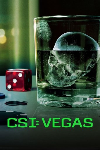 This TV show poster for "CSI: Vegas" features a dramatic scene with a skull floating in a glass of water, accompanied by a red die. The dark, moody atmosphere combined with the eerie skull and vibrant red color creates a suspenseful and mysterious mood.