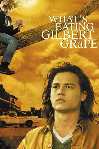 The poster features a young man with long dark hair against a warm, golden sunset sky. Above him, a boy in a blue shirt and jeans is perched on a tree branch, holding a guitar. The title "What's Eating Gilbert Grape" is prominently displayed in bold, white letters. The overall mood is nostalgic a...