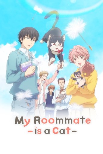 The poster features a vibrant anime-style illustration of six characters in colorful clothing against a bright blue sky. The mood is cheerful and playful, with each character depicted in a cute, expressive pose. The title, "My Roommate is a Cat," is prominently displayed at the bottom in bold, pl...