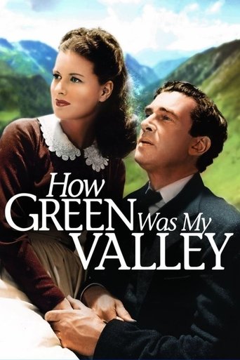 The poster features a woman and man in a lush, green landscape, evoking a romantic and nostalgic mood. The title "How Green Was My Valley" is prominently displayed in bold, white letters, emphasizing the film's theme of love and nature.