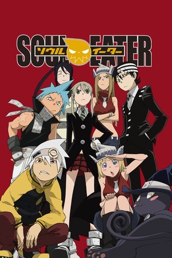 This vibrant anime poster features a group of characters from "Soul Eater" against a bold red background, exuding an energetic and playful mood. The characters are depicted in dynamic poses, with some wearing black uniforms and others in colorful outfits, highlighting the show's unique blend of s...