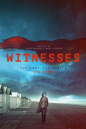 The poster features a lone figure walking down a deserted beach under a stormy sky, evoking a sense of mystery and isolation. The dramatic red sky and dark clouds create a moody atmosphere, while the title "Witnesses" stands out in bold red letters.