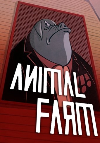 The poster features a stylized, anthropomorphic pig character in a suit, exuding authority. The bold white text "ANIMAL FARM" dominates the lower portion, with a red perforated background and warm tones. The mood is dramatic and authoritative, hinting at the film's themes of power and oppression.