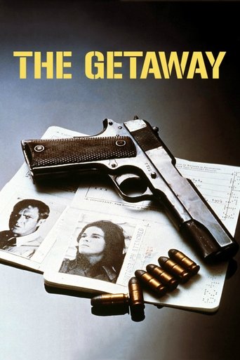 The poster features a dark, moody scene with a gun and bullets resting on a photograph of a woman. The title "THE GETAWAY" is prominently displayed in bold yellow letters. The overall atmosphere is gritty and suspenseful, evoking themes of crime and survival.