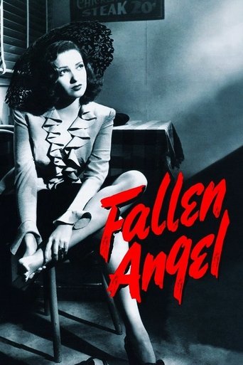 The poster features a glamorous woman in a white suit, exuding elegance against a dark, moody background. The title "Fallen Angel" is prominently displayed in bold red letters, suggesting themes of beauty and tragedy. The overall mood is dramatic and mysterious, hinting at a story about a woman w...