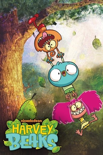 The poster features three animated characters in a whimsical forest setting. The characters are colorful and expressive, with one wearing a red hat and another in a blue outfit. The background is lush and vibrant, with green foliage and a warm, inviting atmosphere. The title "Harvey Beaks" is pro...