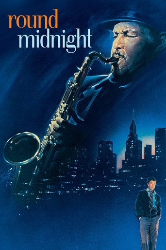 This movie poster features a saxophonist playing against a dark city skyline at night, evoking a mysterious and dramatic atmosphere. The deep blue tones and silhouettes create a sense of intrigue and emotional depth.