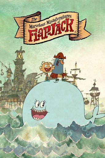 The poster features Flapjack, a cheerful blue whale with a mischievous grin, standing atop a small wooden boat. A young boy with a red hat and blue shirt rides the boat, holding a small dog. The background showcases a whimsical seaside town with colorful buildings and a sailboat, all rendered in ...