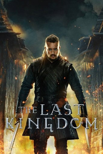 The poster features a determined warrior with a beard, exuding strength and resilience against a backdrop of fiery destruction and ancient ruins. The dark, moody atmosphere with warm orange and yellow hues creates an intense and dramatic mood, emphasizing the epic and historical tone of the show.
