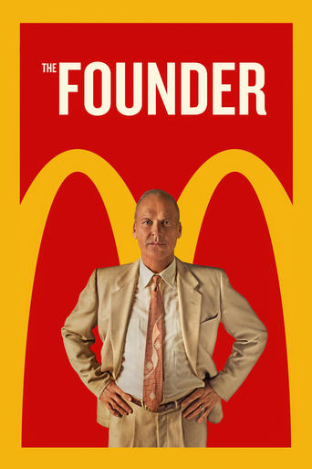 The movie poster features a bald man in a beige suit with hands on hips, standing against a bold red background. The iconic golden arches frame the image, while the title "THE FOUNDER" is prominently displayed in white text. The overall design conveys a sense of authority and confidence, suggesti...