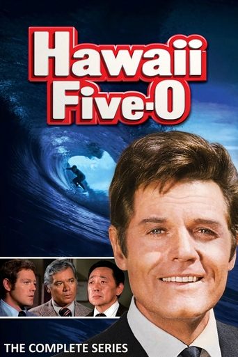 The poster features a smiling actor in the foreground, with smaller images of other characters below. The title "Hawaii Five-O" is prominently displayed in bold red letters against a blue ocean backdrop. The overall mood is adventurous and action-packed, capturing the essence of the series.