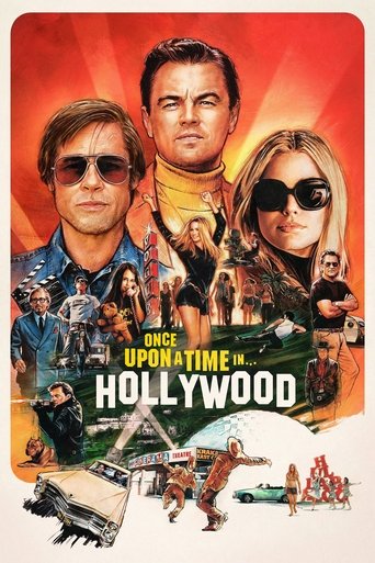 The poster features a vibrant red-orange gradient background with three prominent characters: a man in sunglasses, a woman in sunglasses, and a man in a yellow shirt. The title "Once Upon a Time... in Hollywood" is displayed in bold white letters. The overall mood is energetic and nostalgic, capt...