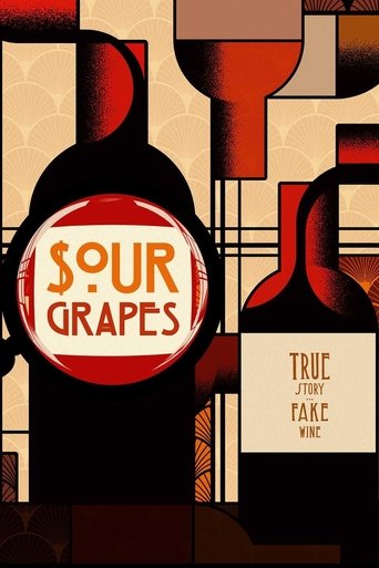 The poster features a stylized wine bottle with the title "Sour Grapes" prominently displayed in bold, red letters against a warm, sepia-toned background. The design evokes a moody, artistic atmosphere with rich reds, browns, and muted golds, suggesting a sophisticated and perhaps mysterious narr...
