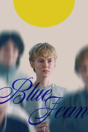 A young man with blonde hair stands center stage against a soft, warm background, surrounded by blurred figures. The poster features a large yellow circle at the top, evoking a sense of optimism and warmth. The title "Blue Jean" is elegantly scripted in purple, adding a touch of sophistication. T...
