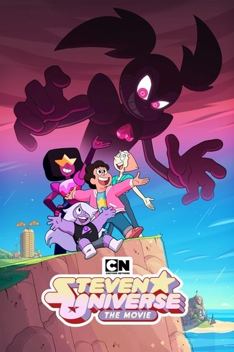 The poster features vibrant purple and pink hues with a dynamic action scene. Three characters in colorful outfits are mid-action against a dramatic sky backdrop. A large, menacing black figure looms in the background, adding tension. The title "Steven Universe: The Movie" is prominently displaye...