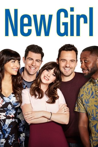 The poster features six diverse characters posing against a clean white background, exuding a casual yet vibrant energy. Their colorful attire and relaxed postures suggest a fun, youthful comedy vibe. The bold blue title "New Girl" anchors the image, emphasizing the show's quirky and relatable th...