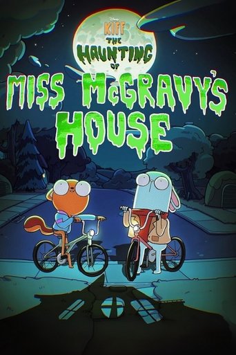 The poster features two animated characters riding bicycles at night, with a mysterious, eerie atmosphere. The characters are dressed in colorful outfits against a dark, spooky background. The title "Kiff: The Haunting of Miss McGravy's House" is prominently displayed in a playful, green font. Th...
