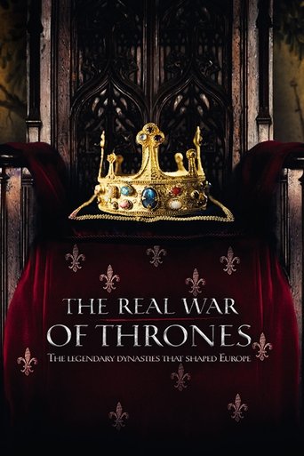 The poster features a regal golden crown atop a bed of crimson velvet, evoking a medieval fantasy atmosphere. The dark, gothic architecture in the background enhances the mysterious and dramatic tone, while the title "The Real War of Thrones" is prominently displayed in elegant serif typography.