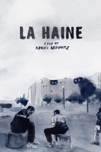 The poster features a desolate, monochromatic scene of two people sitting on concrete blocks in a bleak, post-apocalyptic setting. The muted gray and black tones evoke a somber, melancholic mood, while the stark text "LA HAINE" and "FILM BY HANNE KROENKAMP" dominate the upper portion, emphasizing...