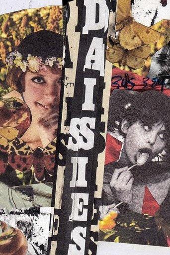 A vibrant collage poster featuring a woman with flowers, a man in a red shirt, and a black-and-white portrait. Bold typography spells out "DAISIES" vertically. The composition blends warm and cool tones, evoking a nostalgic, artistic atmosphere.