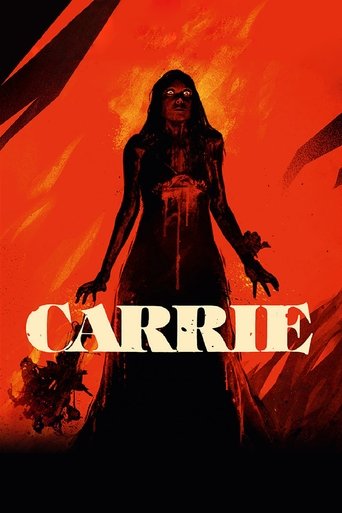 The poster features a mysterious figure in a dark, flowing dress against a fiery orange backdrop, with the title "Carrie" prominently displayed in bold, white letters. The ominous atmosphere and dramatic lighting create a suspenseful and eerie mood.