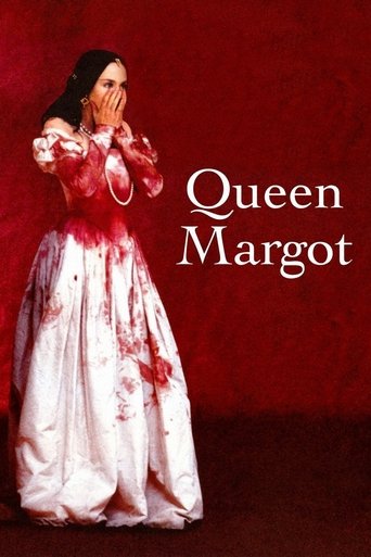A hauntingly beautiful Queen Margot in a blood-stained gown stands against a deep red backdrop, her expression conveying a mix of sorrow and defiance. The poster captures the dramatic and emotional tone of the film, inviting viewers to explore the story of a woman who defies fate and embraces her...