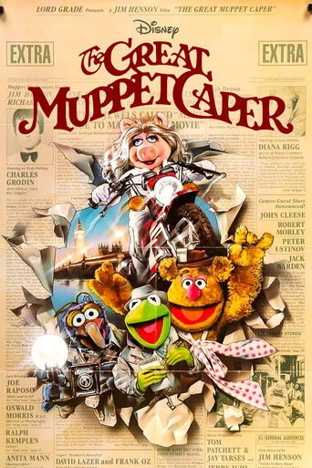 The poster features Kermit the Frog, Gonzo, and Miss Piggy surrounded by colorful, chaotic elements like a pirate ship and a castle. The warm, vintage colors evoke a playful yet adventurous mood, capturing the essence of the Muppets' comedic spirit.