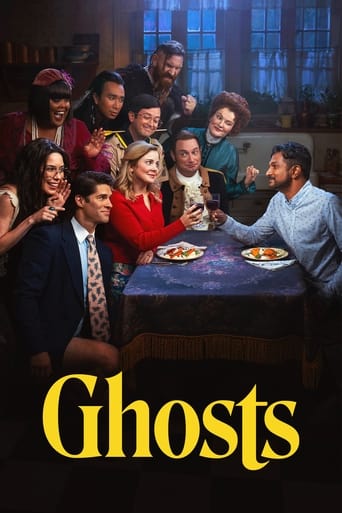 The poster features a group of characters gathered around a dimly lit table, creating an eerie atmosphere. The warm yellow text "Ghosts" stands out against the dark background, emphasizing the supernatural theme.