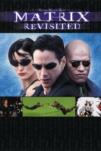 The poster features three characters in sunglasses against a blue background, with a green strip at the bottom showing a digital interface. The dark, moody atmosphere suggests mystery and intrigue, hinting at the film's themes of reality and technology.