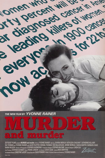 The poster features a black-and-white photograph of two women in a tender embrace, with one leaning affectionately against the other. The background is filled with bold, colorful text in red, white, and blue, creating a dynamic and energetic atmosphere. The title "MURDER and murder" is prominentl...