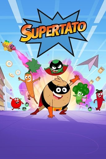 The vibrant poster features a central Supertato character surrounded by colorful, whimsical creatures like a carrot, broccoli, and a rocket ship. Bright blues and greens create a cheerful, energetic mood with floating coins and paper airplanes in the background, capturing the playful spirit of th...