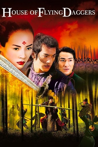 The poster features three characters in a dramatic, medieval setting with a fiery sunset backdrop. The title "House of Flying Daggers" is prominently displayed at the top. The mood is intense and adventurous, suggesting a thrilling tale of action and intrigue.