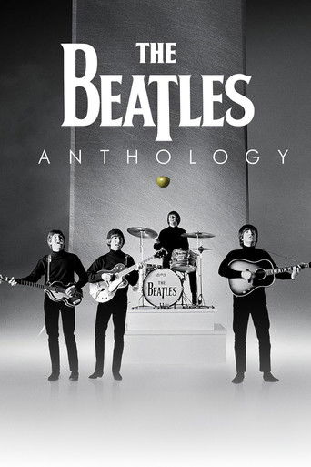 The Beatles Anthology poster features the iconic band members in black and white, exuding a timeless, nostalgic mood. The monochromatic palette enhances the classic, timeless feel of the album cover.