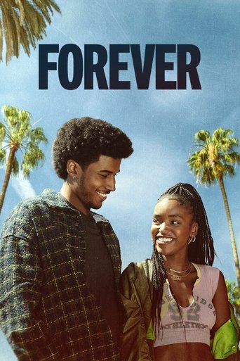 The poster features a couple standing against a bright blue sky with palm trees in the background, evoking a warm, sunny tropical atmosphere. The man, dressed in a plaid shirt, gazes affectionately at the woman beside him, who smiles warmly. The bold title "FOREVER" anchors the image, suggesting ...