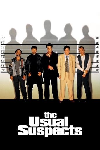 The poster features six men in formal attire against a stark black-and-white backdrop, creating a mysterious and suspenseful mood. The title "The Usual Suspects" is prominently displayed at the bottom, emphasizing the film's classic mystery genre.
